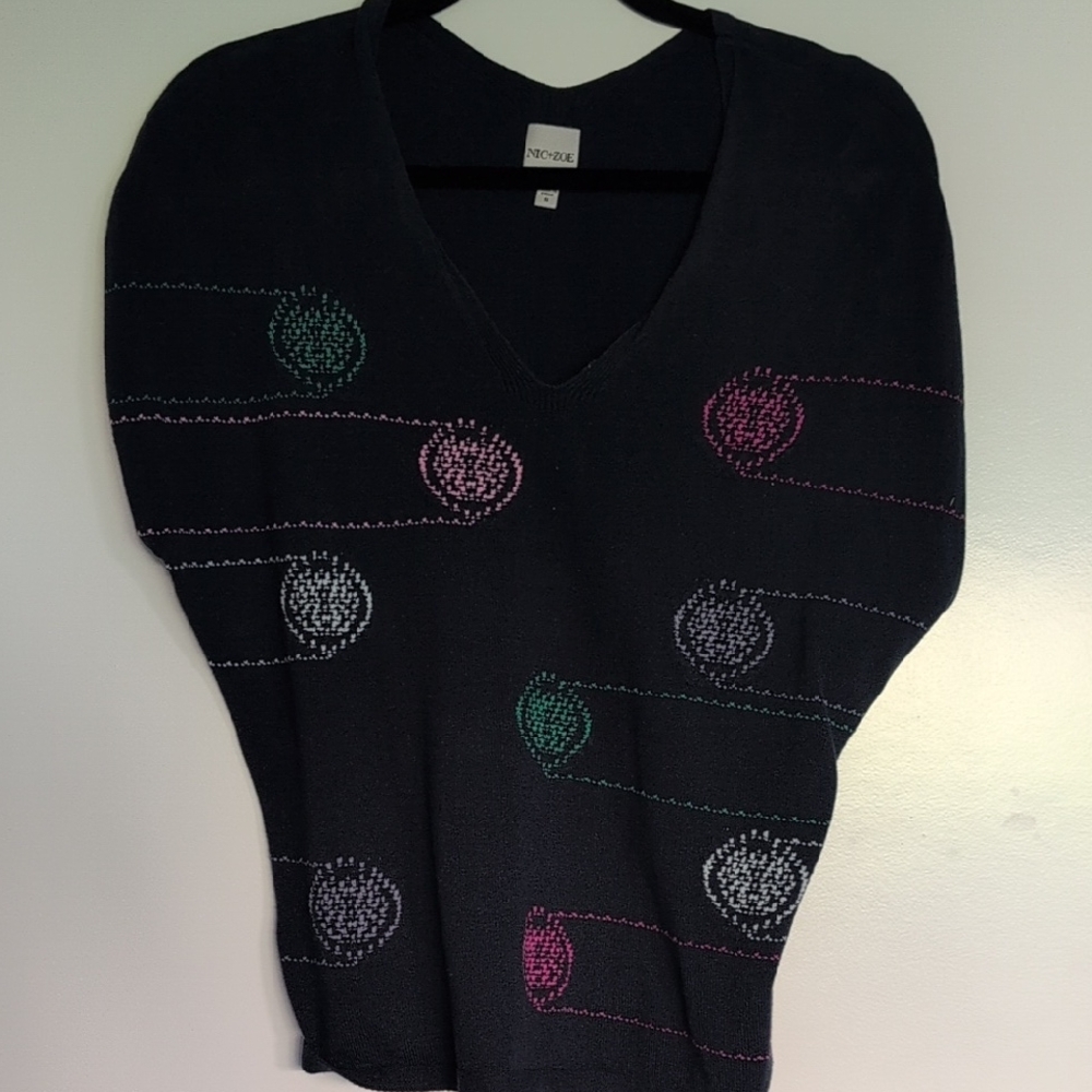 NIC+ZOE Black V-Neck Sweater with Pink, Green & Gray Stitch Accents